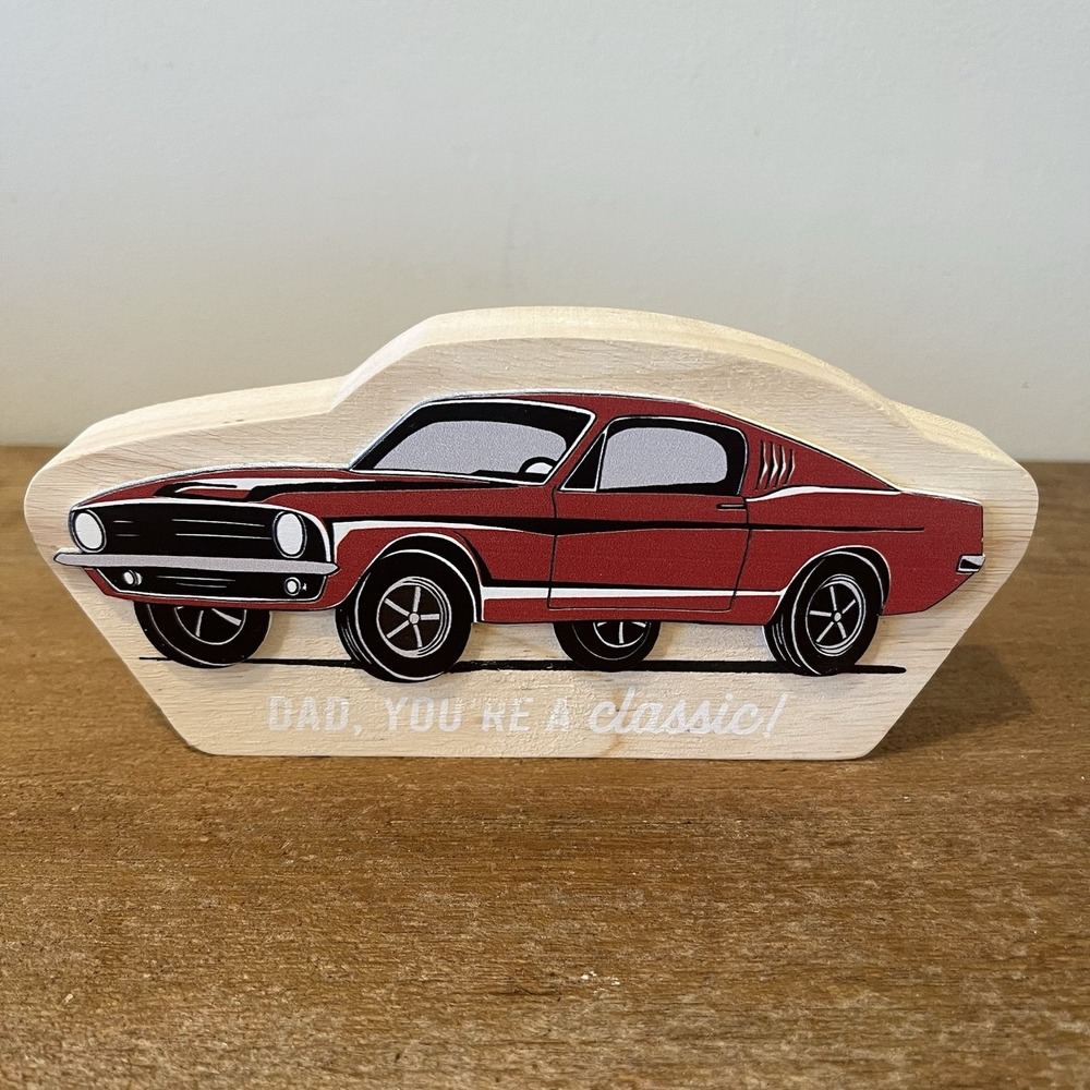 Eccolo "Dad You're A Classic!" Wood Block Decor‎ Red Muscle Car Mustang Gift